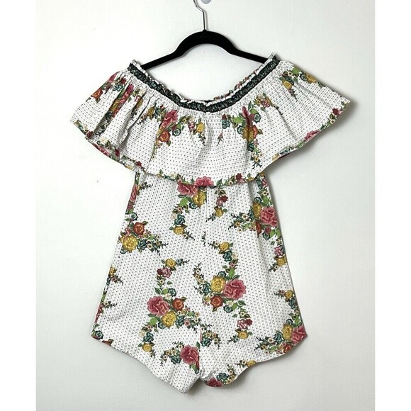 Farm Rio Off Shoulder Romper Size S White Floral Sleeveless 100% Cotton - Picture 3 of 13